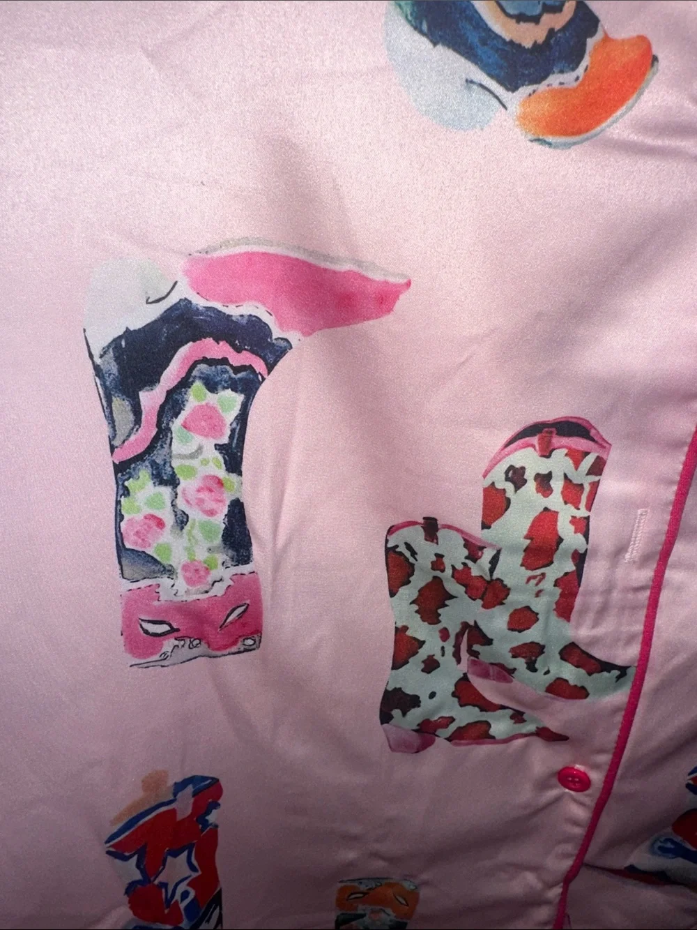 Sheshow Pink Satin Short PJ Set with Colorful western boot Print